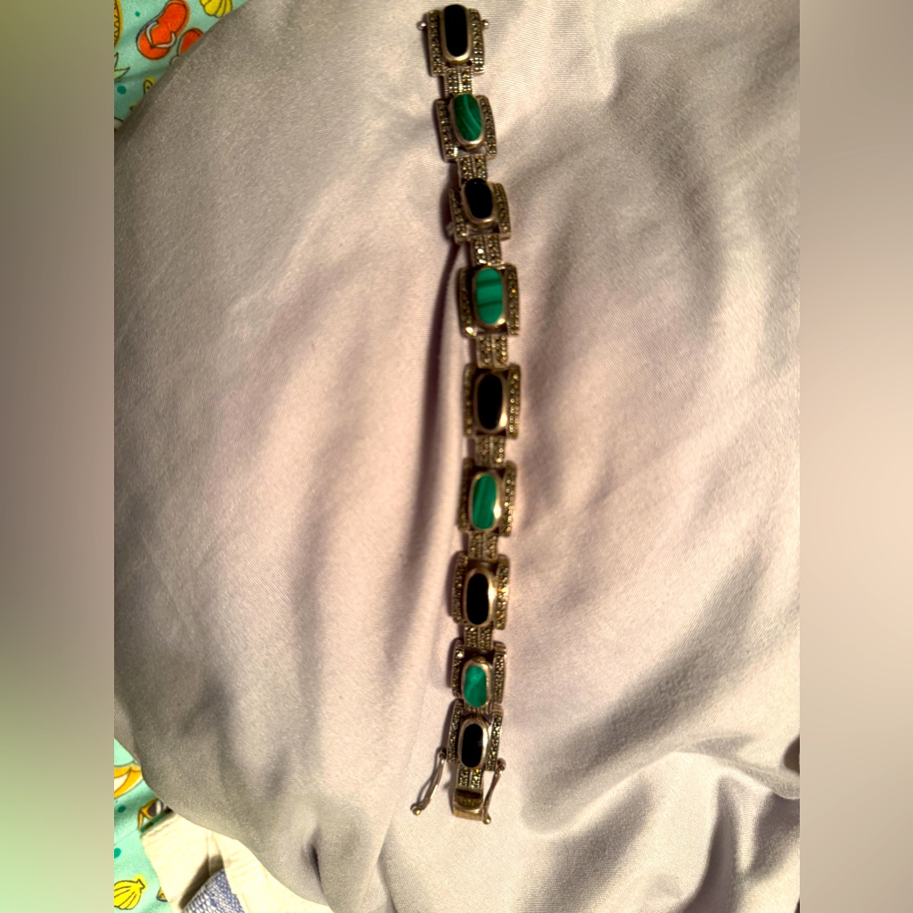 Art Deco Onyx Marcasite Malachite Sterling Silver Bracelet